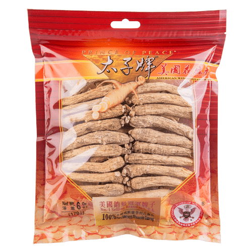 A package of Prince of Peace Wisconsin American Ginseng Medium Long Roots, 6oz