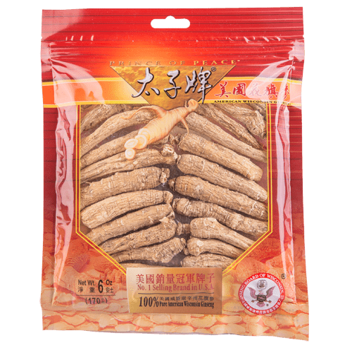 A package of Prince of Peace Wisconsin American Ginseng Large Long Roots, 6oz