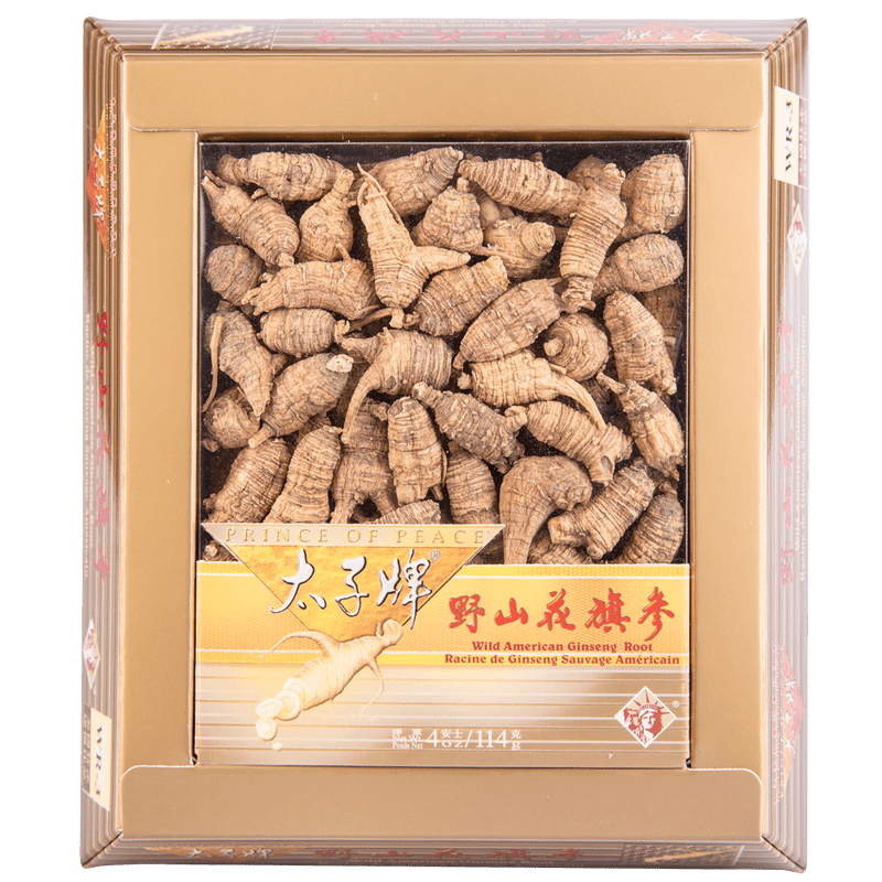 A package of Prince of Peace Wild American Ginseng Medium Round Roots, 4oz